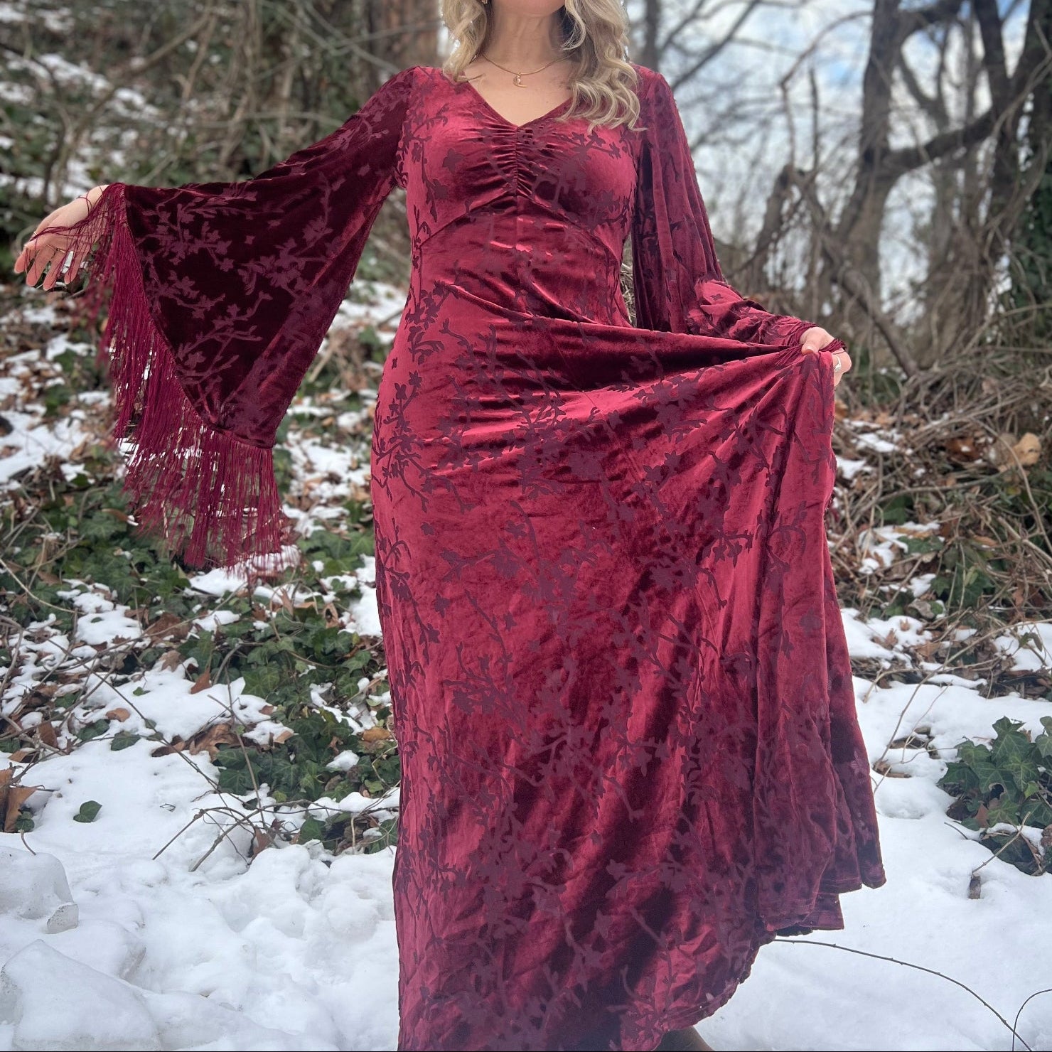 Raspberry Red Velvet 1970s Stevie Maxi Dress XL