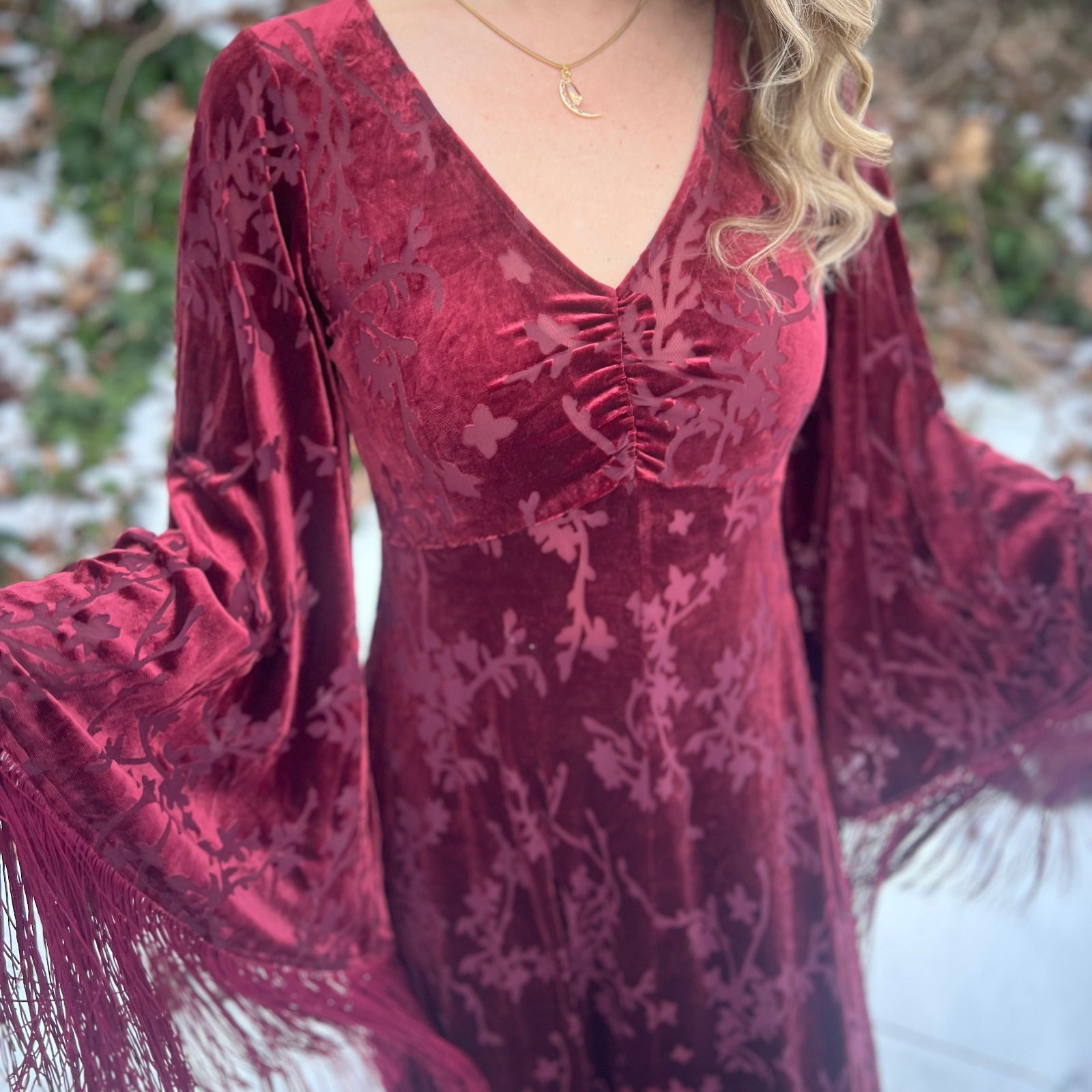 Boho velvet maxi dress with fringe bell sleeves