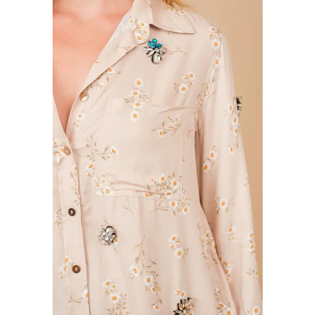 Rayon Dobby Floral Button Up Jeweled Shirt Blouse