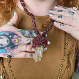 Festival inspired crystal mushroom necklace with colorful recycled silk cord