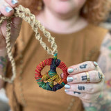 Bohemian hemp necklace with colorful wrapped pendant
