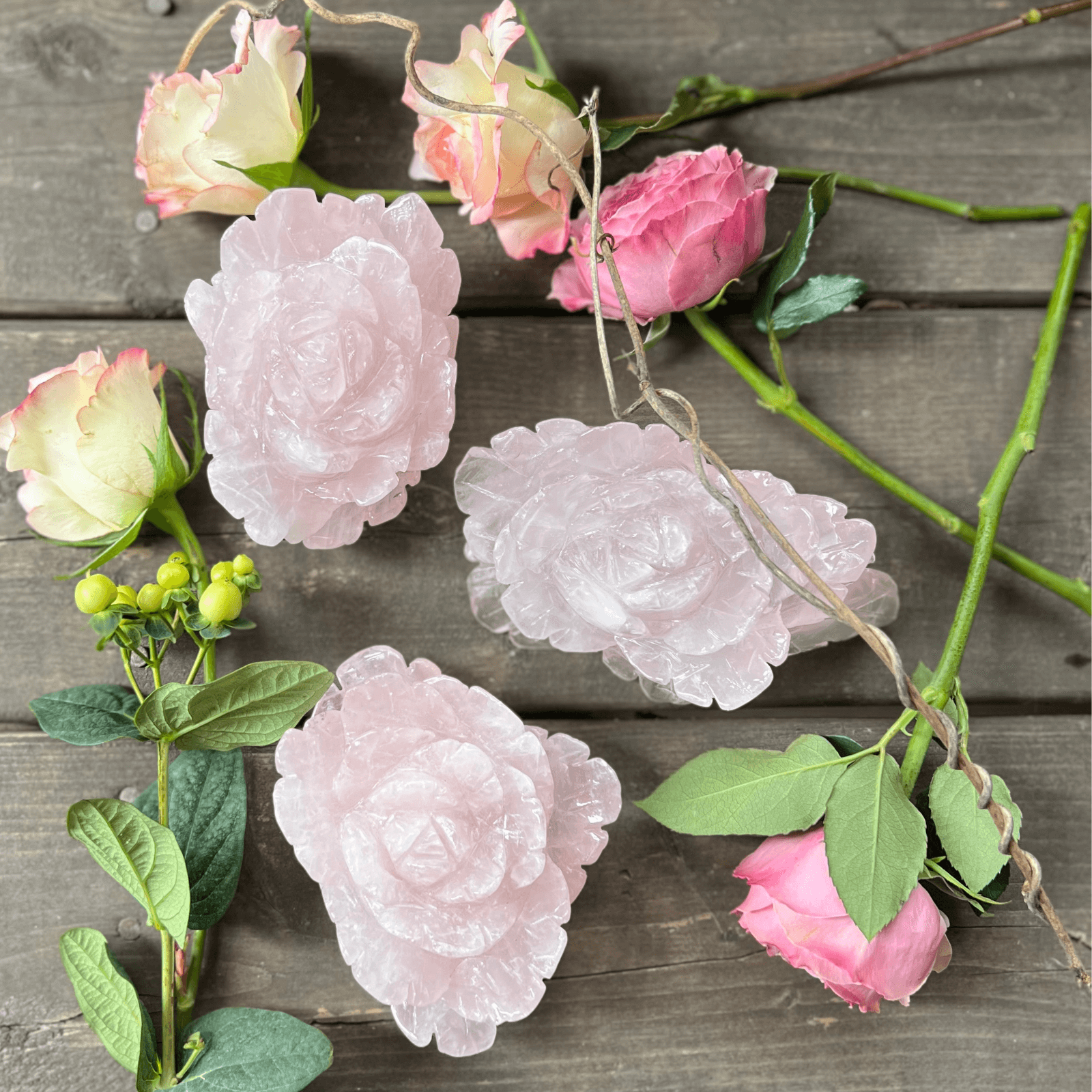 Rose quartz crystal flower carving polished from natural pink quartz gemstone