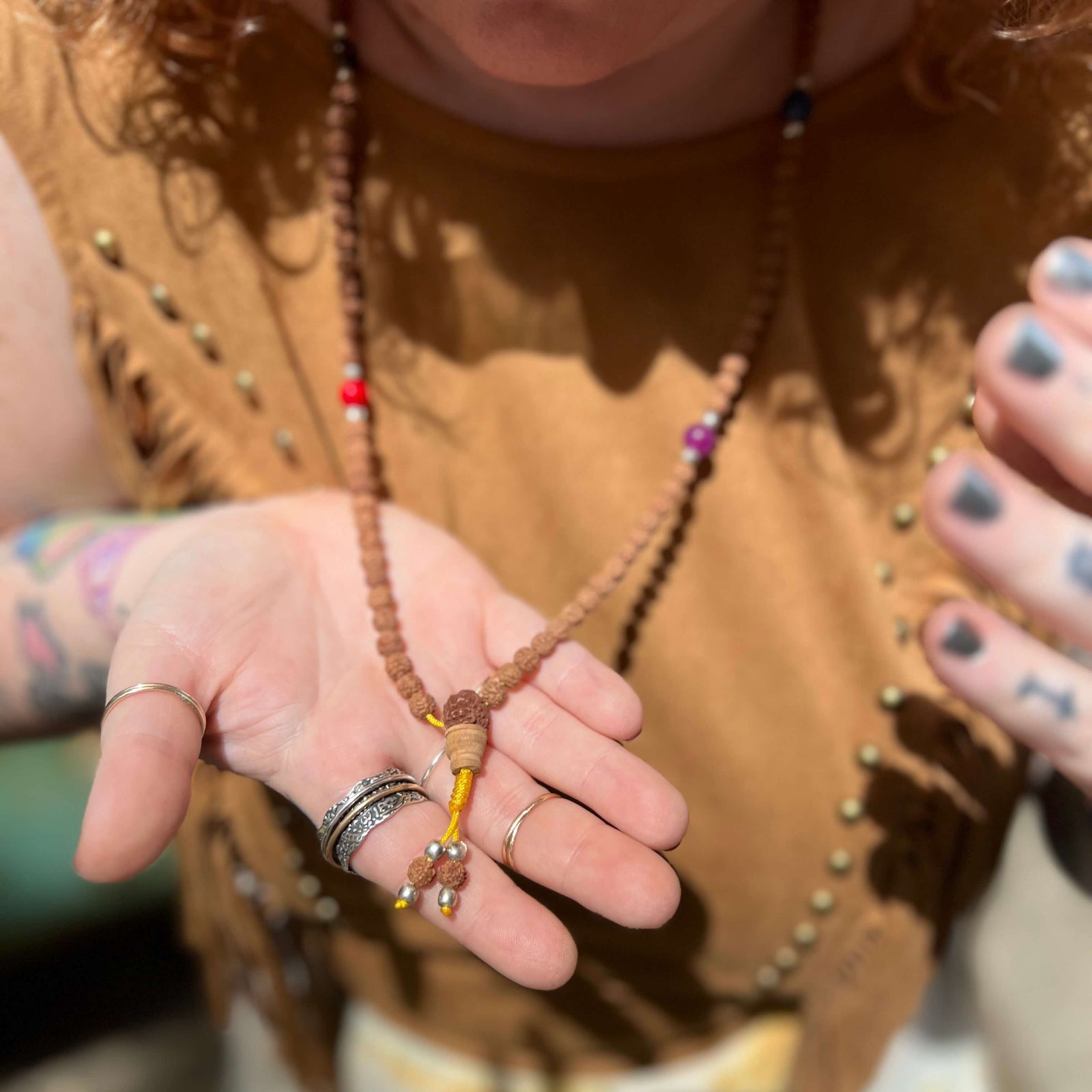 Boho chakra mala necklace with natural Rudraksha beads