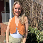 Rustic stripe fitted cotton vest - model smiling in rustic stripe vest front view