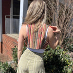 Rustic stripe fitted cotton vest - back view of woven patterned vest
