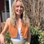 Rustic stripe fitted cotton vest - model smiling in sunshine wearing cotton vest