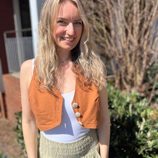 Rustic stripe fitted cotton vest - model in full outfit with striped pants and cropped vest
