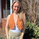 Rustic stripe fitted cotton vest - model in rustic vest with greenery in background