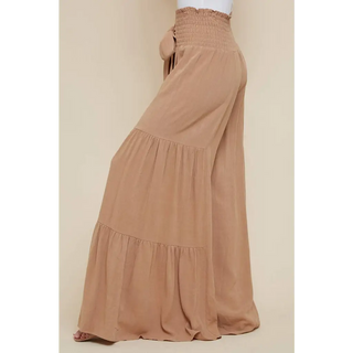 Tan Smocking Waist Tier Wide Pants