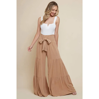 Tan Smocking Waist Tier Wide Pants