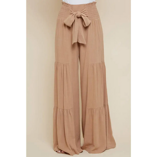 Tan Smocking Waist Tier Wide Pants