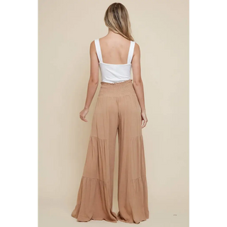 Tan Smocking Waist Tier Wide Pants