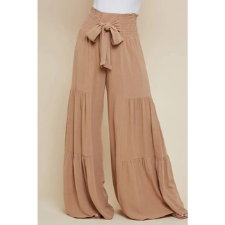 Tan Smocking Waist Tier Wide Pants - S