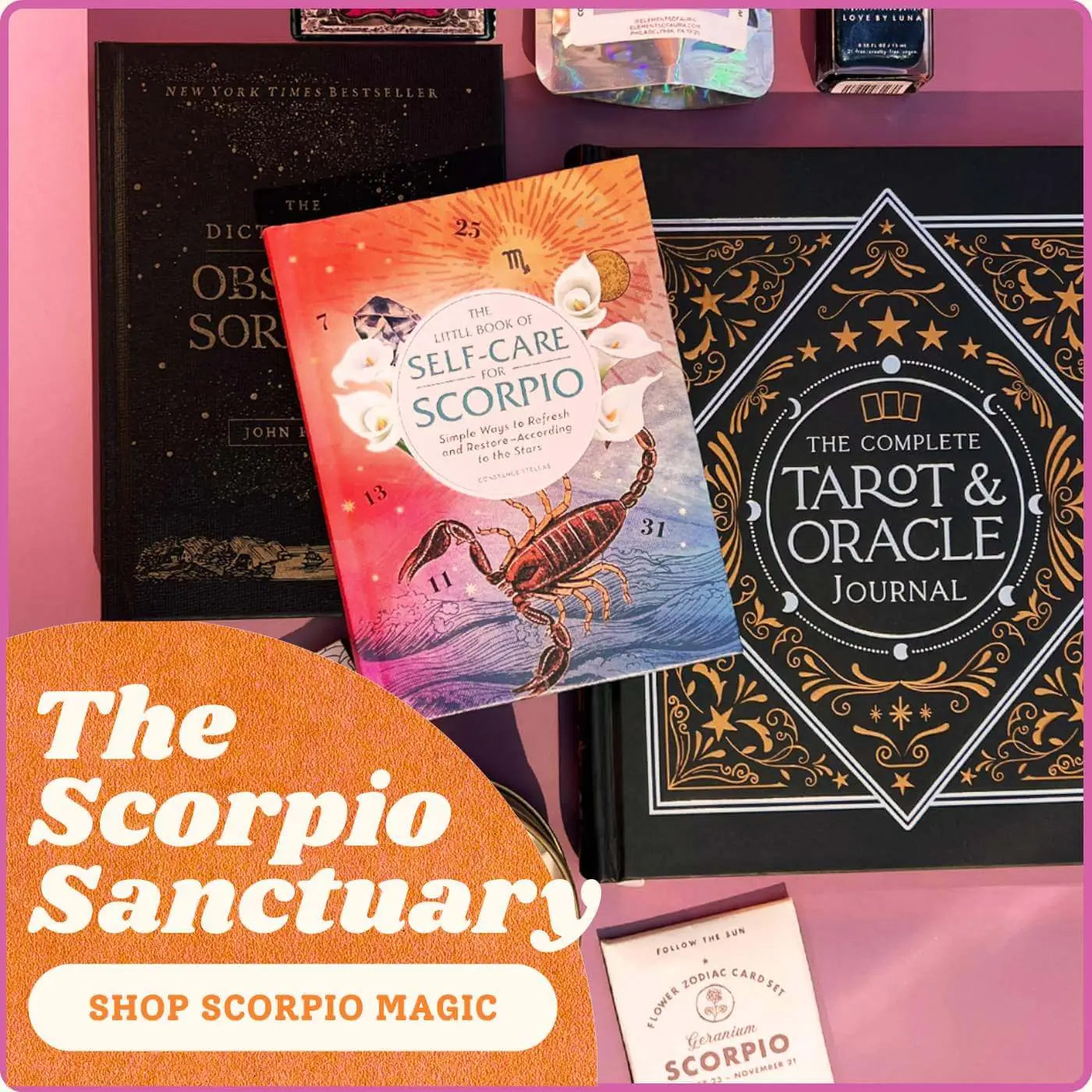 Scorpio-themed self-care book and tarot/oracle journal on a pink background with promotional text.
