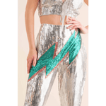 Sequin Flare Thunderbolt Print Pants