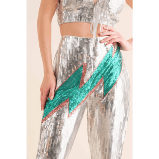 Sequin Flare Thunderbolt Print Pants