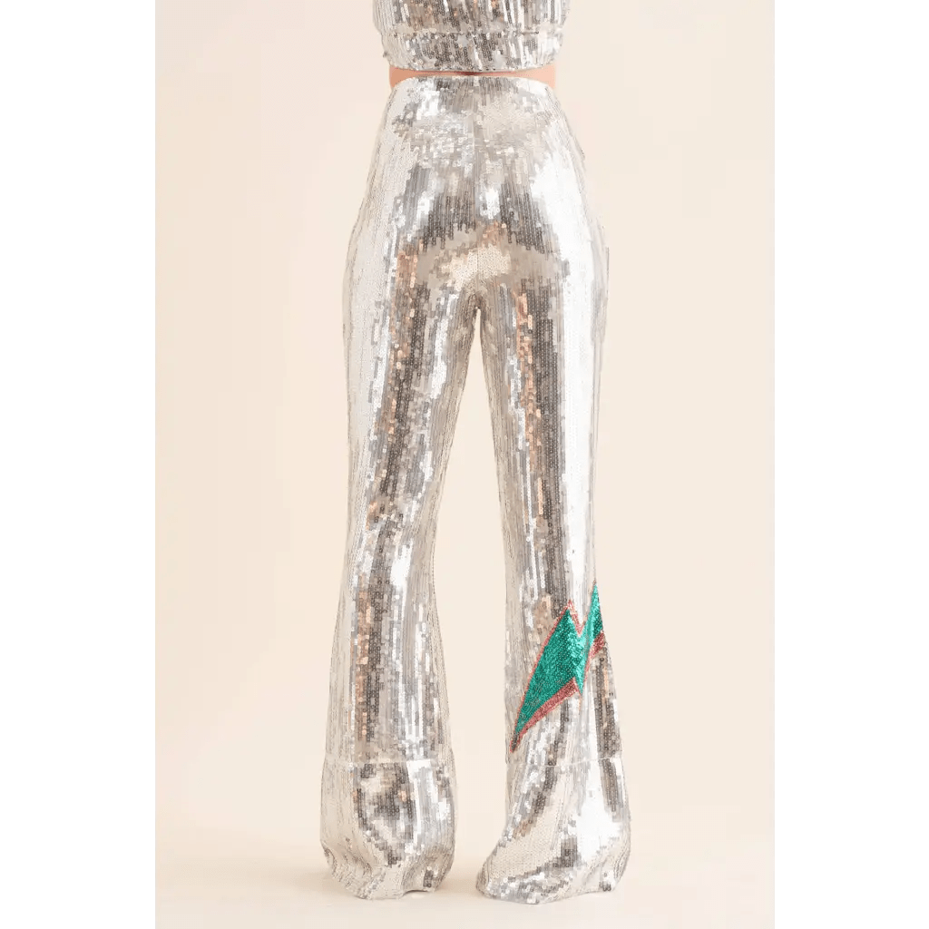 Sequin Flare Thunderbolt Print Pants