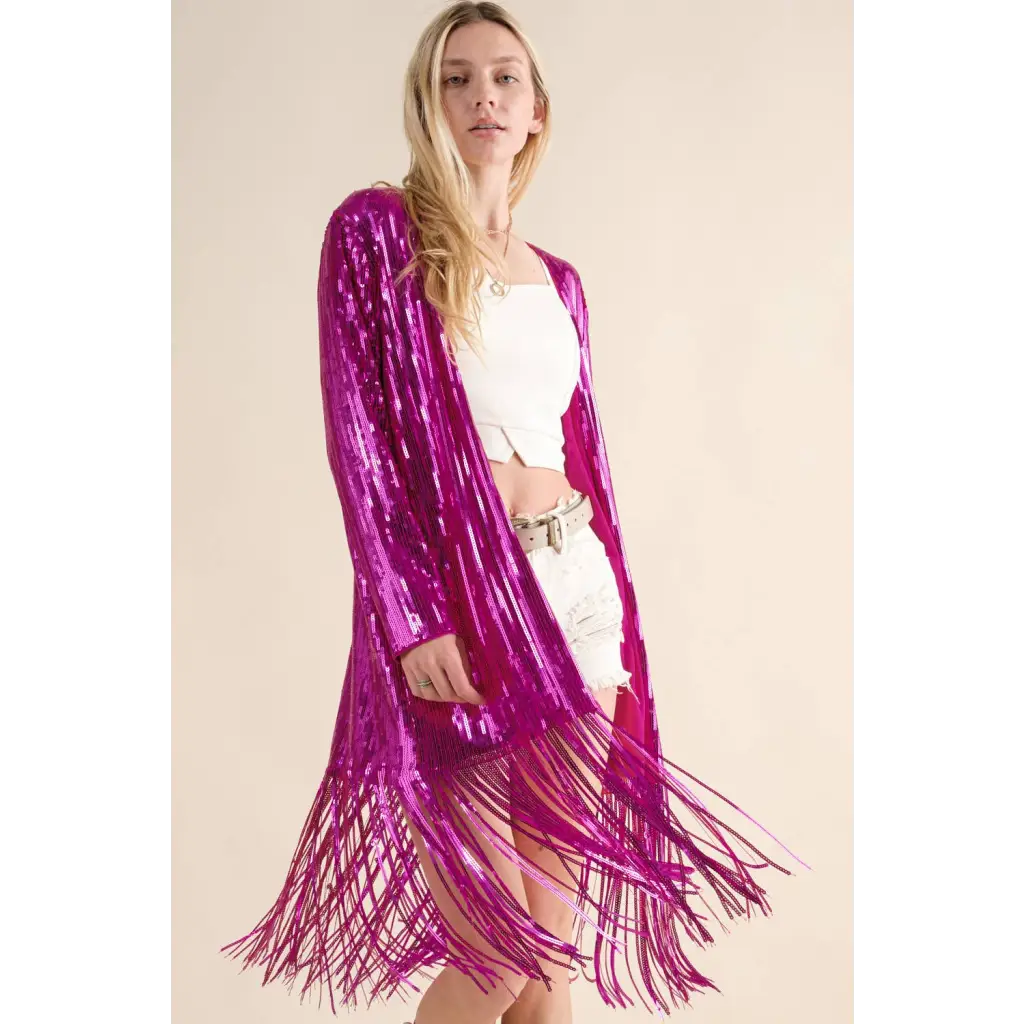 Sequin Fringe Star Back Open Cardigan - Small / Hot Pink