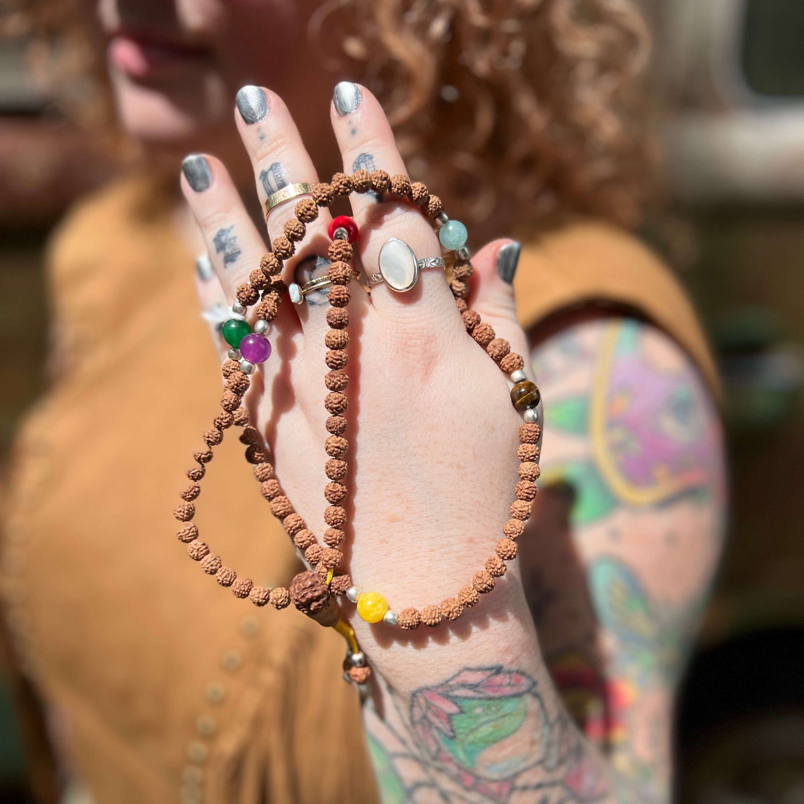 Handmade Seven Chakra Rudraksha Mala Necklace with 108 meditation beads