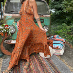 Close-up of lightweight silk fabric on boho maxi dress