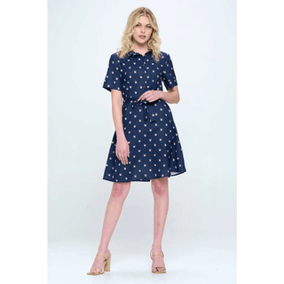 Cat Print Blue Button Up Blue Summer Dress - Small