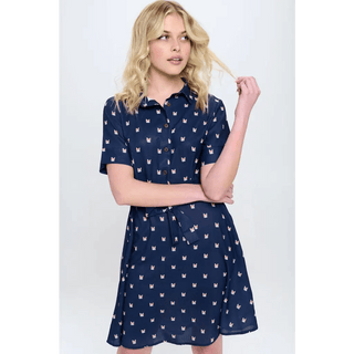 Cat Print Blue Button Up Blue Summer Dress - Small