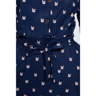 Cat Print Blue Button Up Blue Summer Dress - Small