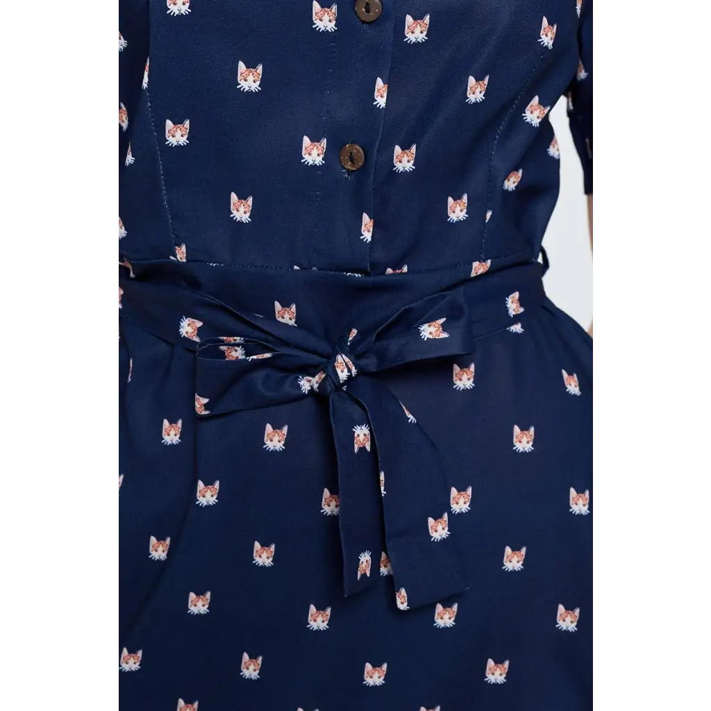 Cat Print Blue Button Up Summer Dress