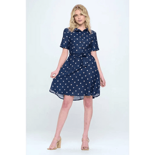 Cat Print Blue Button Up Blue Summer Dress - Small