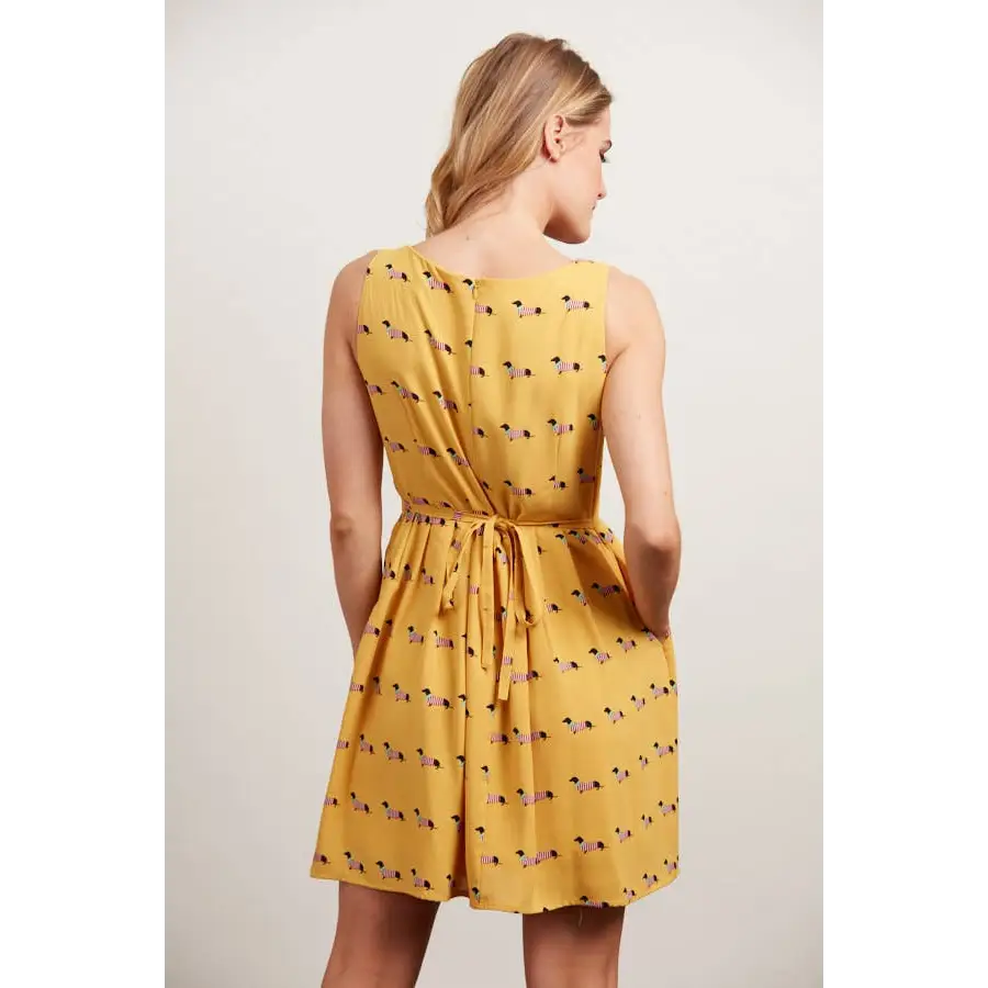 Dachshund Dog Print Mustard Dress with Pockets