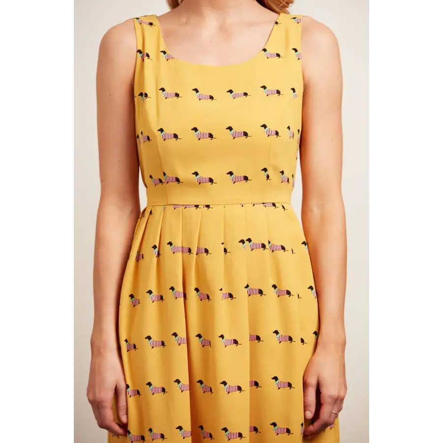 Dachshund Dog Print Mustard Dress with Pockets