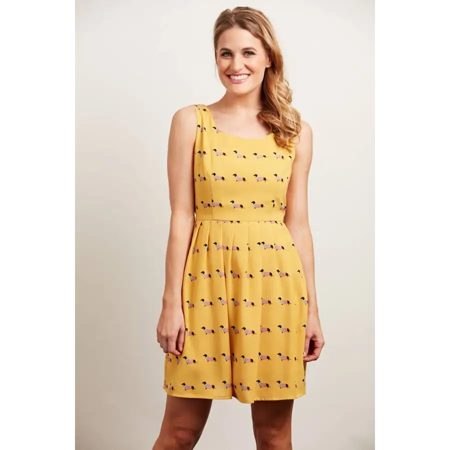 Dachshund Dog Print Mustard Dress with Pockets - Small