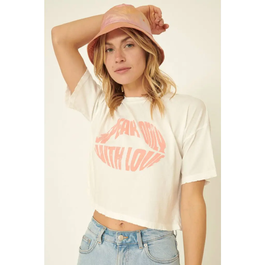 Speak Only with Love Vintage Cropped Graphic Tee - S / Ivory