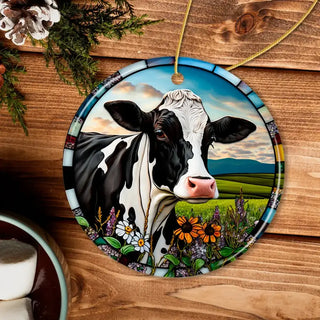 Stained Glass Bucolic Farm Cow Scene in the Pasture Ornament