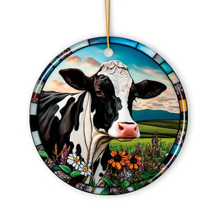 Stained Glass Bucolic Farm Cow Scene in the Pasture Ornament