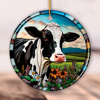 Stained Glass Bucolic Farm Cow Scene in the Pasture Ornament