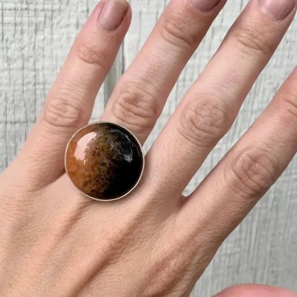 Stunning Edgy Inner Druzy Agate Ring - 8 / Orange and Black