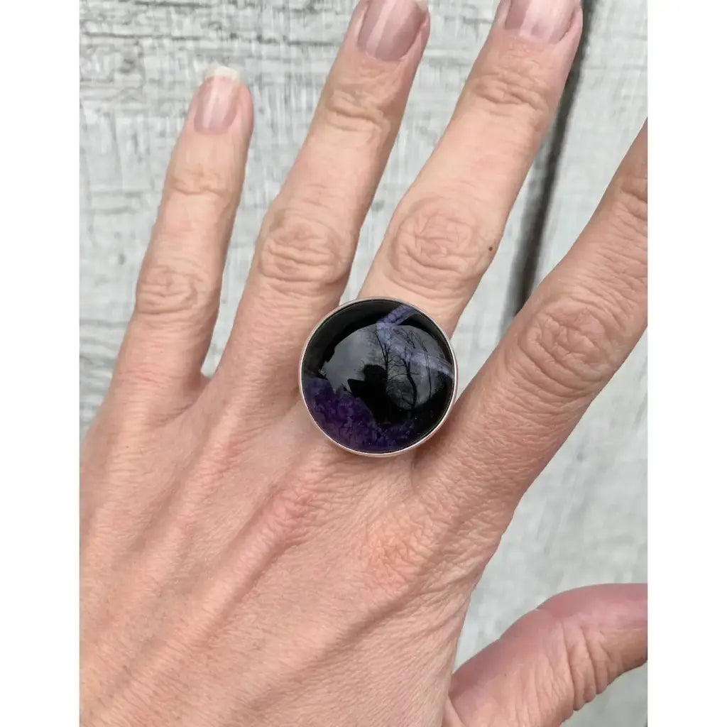 Stunning Edgy Inner Druzy Agate Ring - 8 / Purple and Black