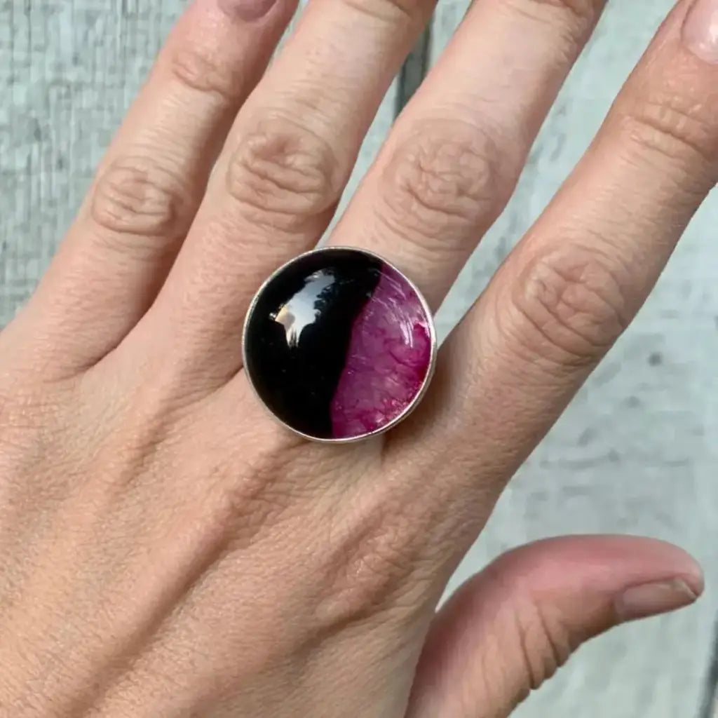 Stunning Edgy Inner Druzy Agate Ring - 8 / Pink and Black