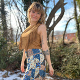 Boho fringe tank top with western inspired faux suede fabric and cropped fit
