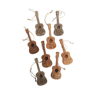 The Wooden Guitars Ornaments with Quotes on a white background.