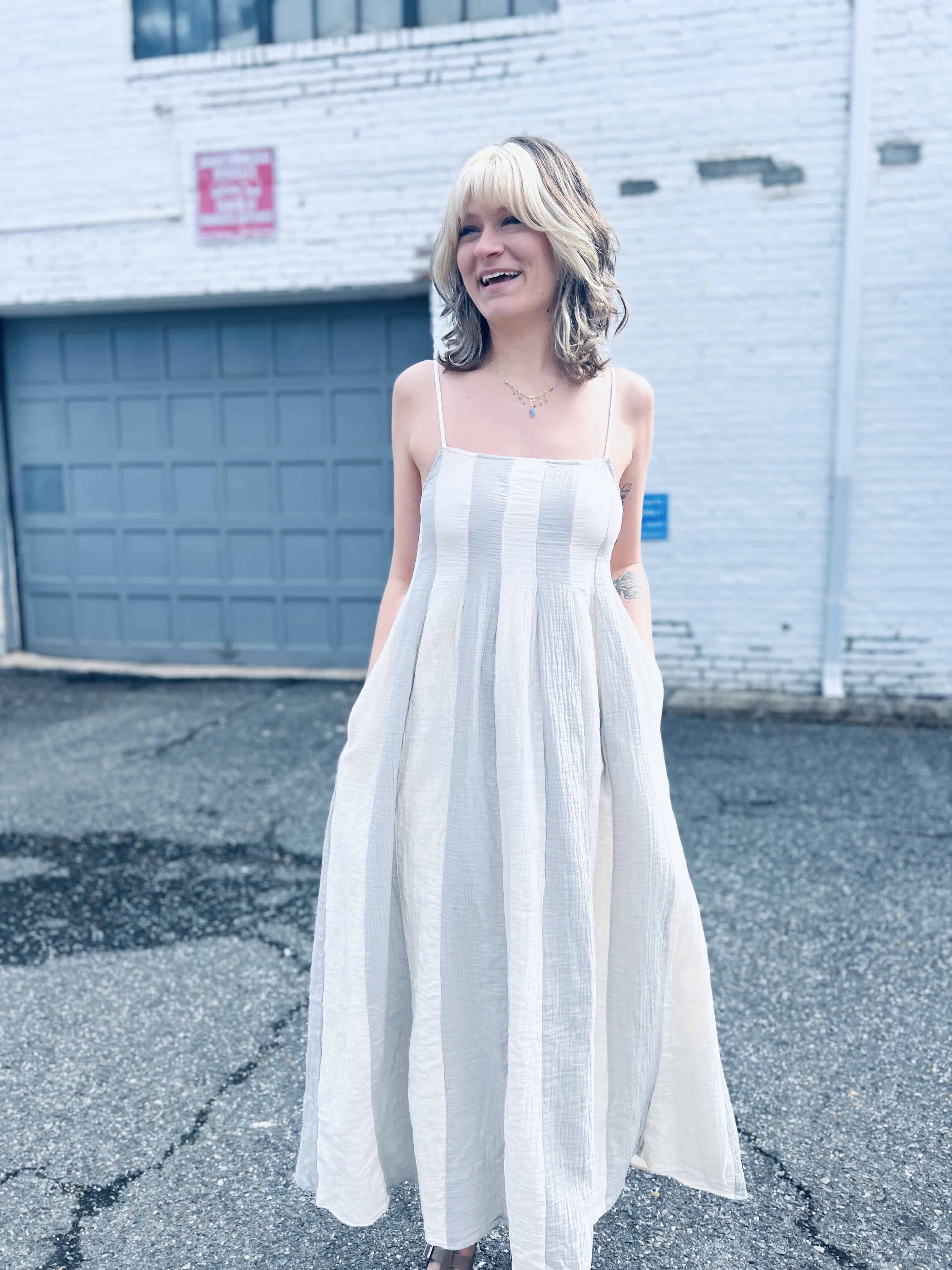 Cotton Striped Cami Pintuck Midi Dress
