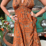 Full-length view of silk festival boho maxi dress in natural light