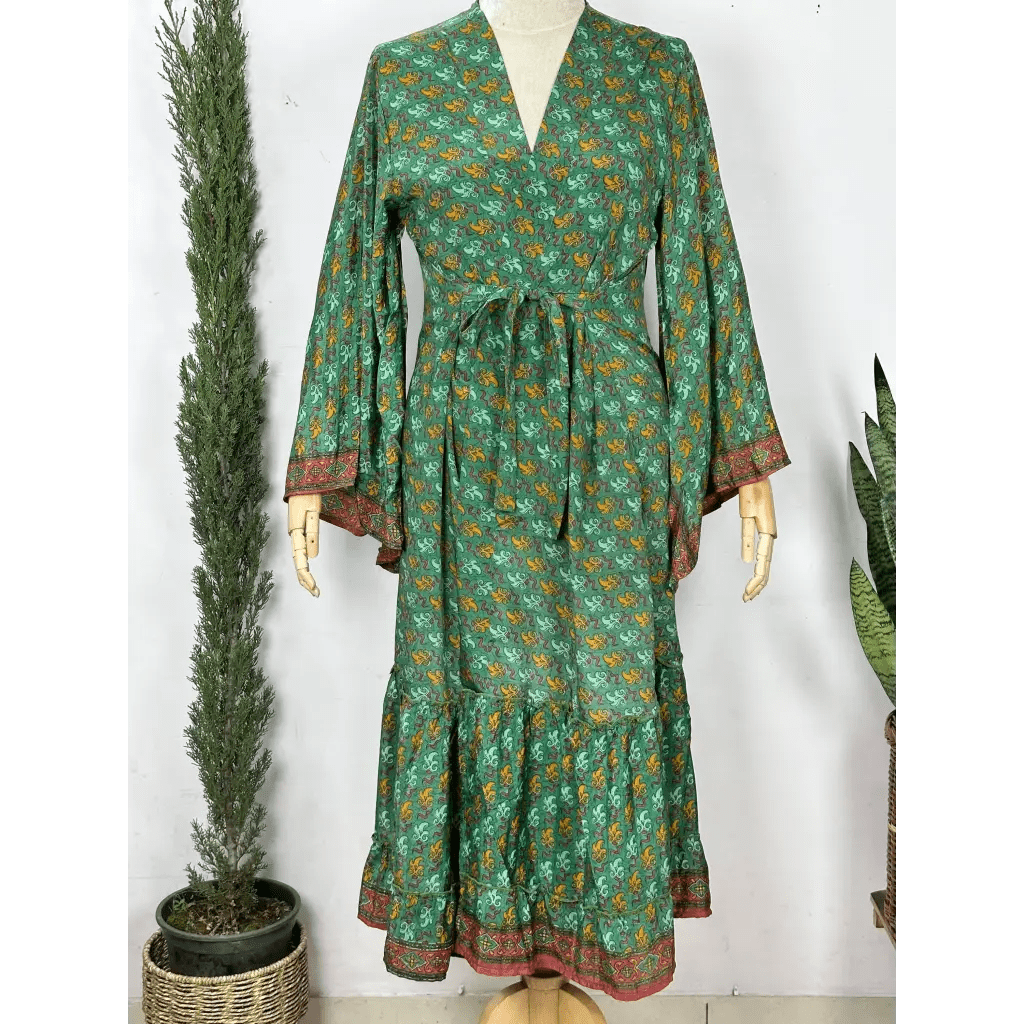 Boho Recycle Indian Silk Sari Kimono Robe Loungewear - Green - The Boho Depot