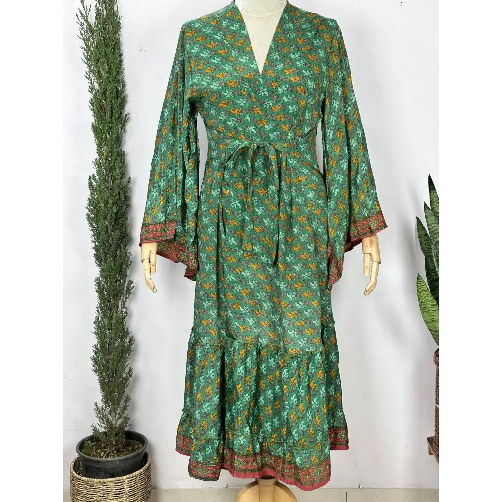 Boho Recycle Indian Silk Sari Kimono Robe Loungewear - Green