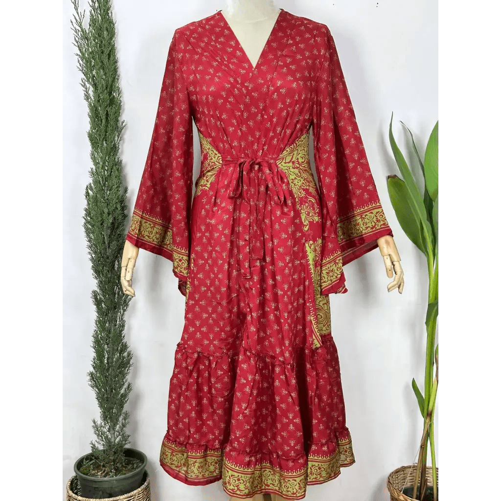 Boho Recycle Indian Silk Sari Mandeep Kimono Robe Loungewear - Red - The Boho Depot