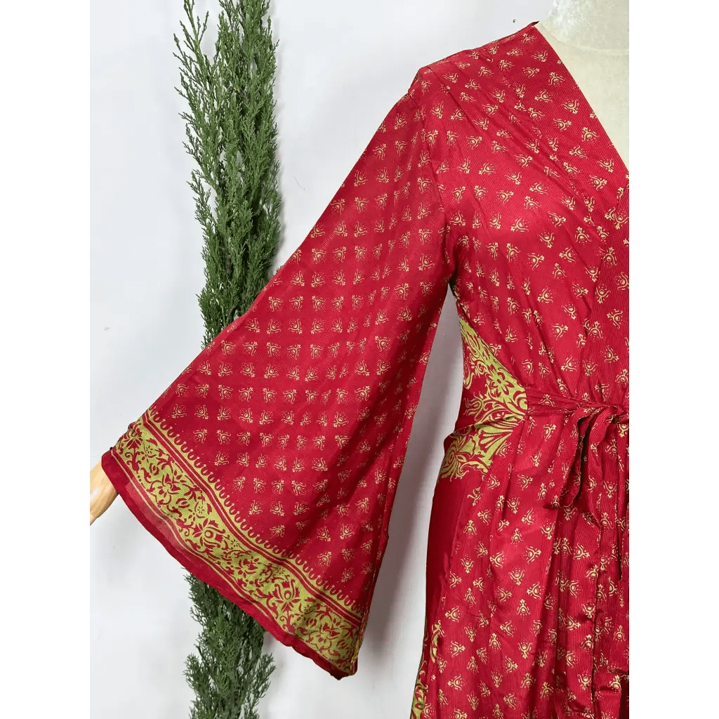 Boho Recycle Indian Silk Sari Mandeep Kimono Robe Loungewear - Red - The Boho Depot