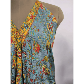 Boho Recycled Silk Magic Summer Maxi Dress Beach Cover Wear - Blue Floral - The Boho Depot