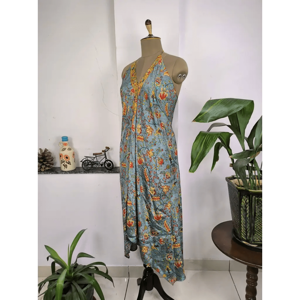 Boho Recycled Silk Magic Summer Maxi Dress Beach Cover Wear - Blue Floral - The Boho Depot
