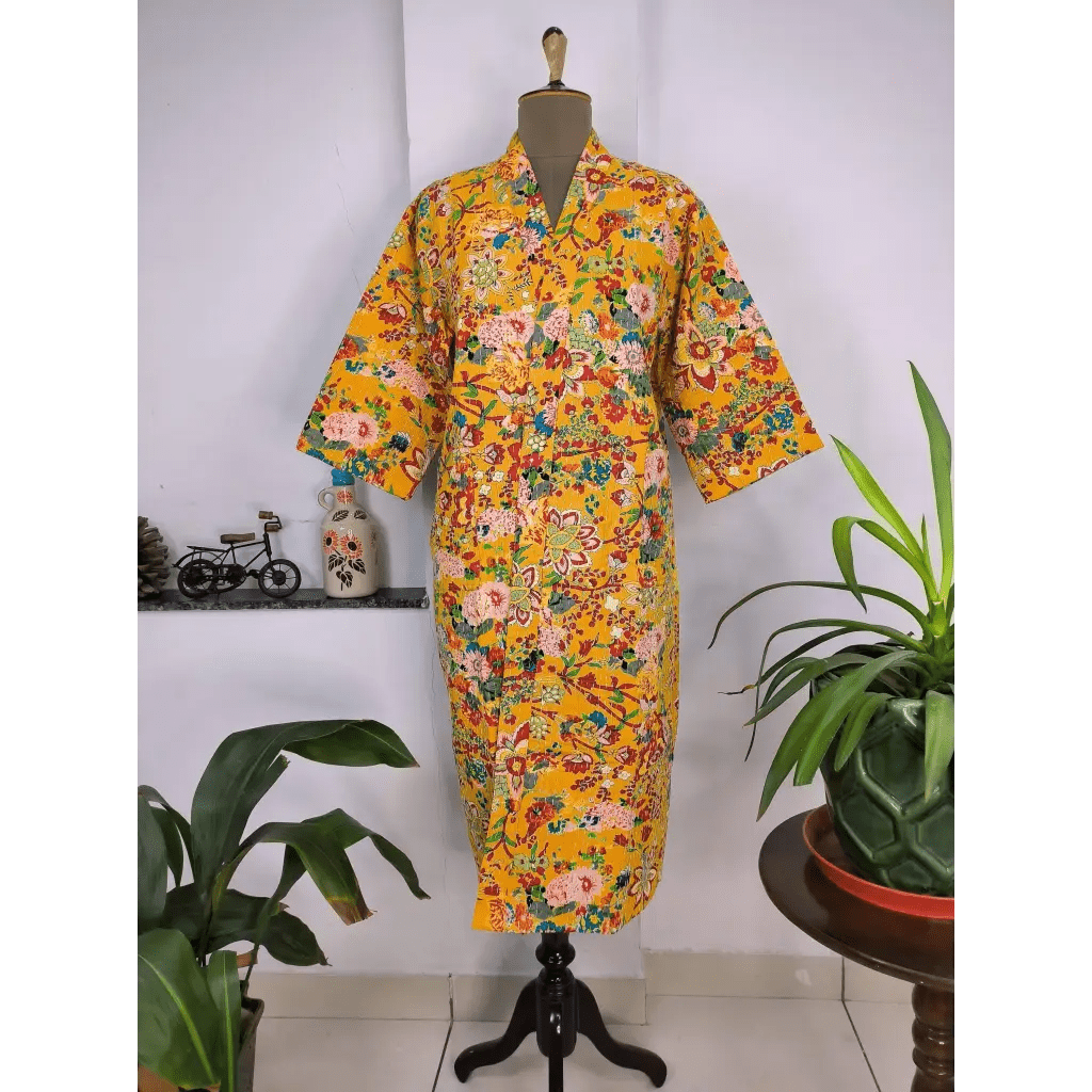 Reversible Kantha Pure Cotton Long Kimono Jacket for Women - Yellow Floral - The Boho Depot